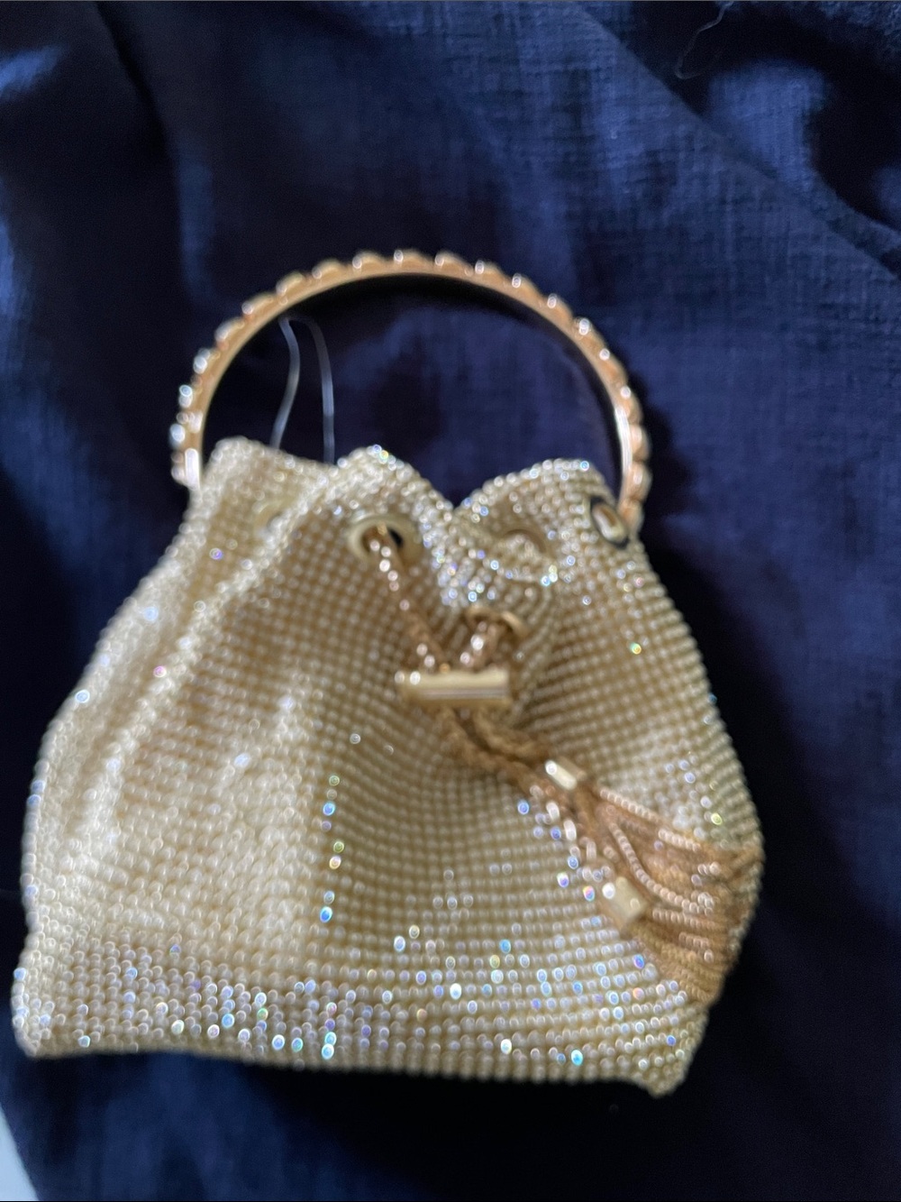 Gold Crystal Mesh Mini Drawstring Bag with Metal Handle